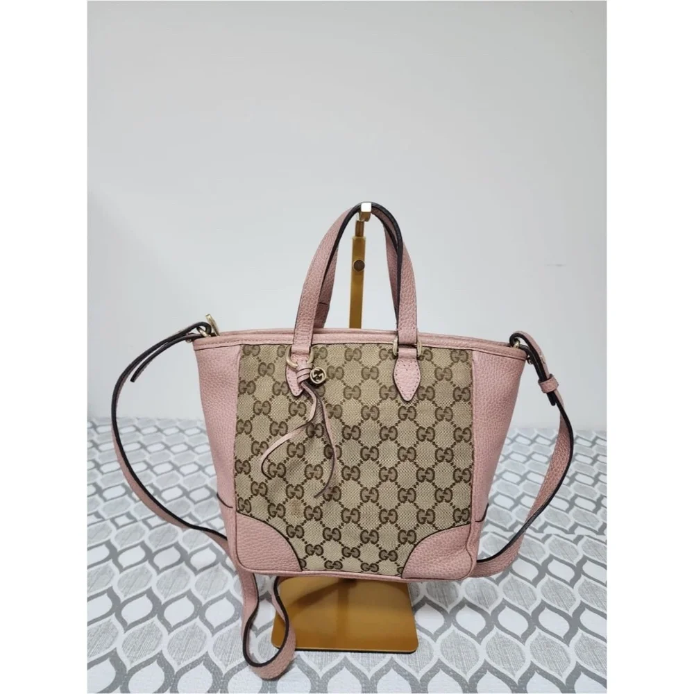 Authentic Gucci Small GG Canvas Bree satchel Bag Beige/Pink